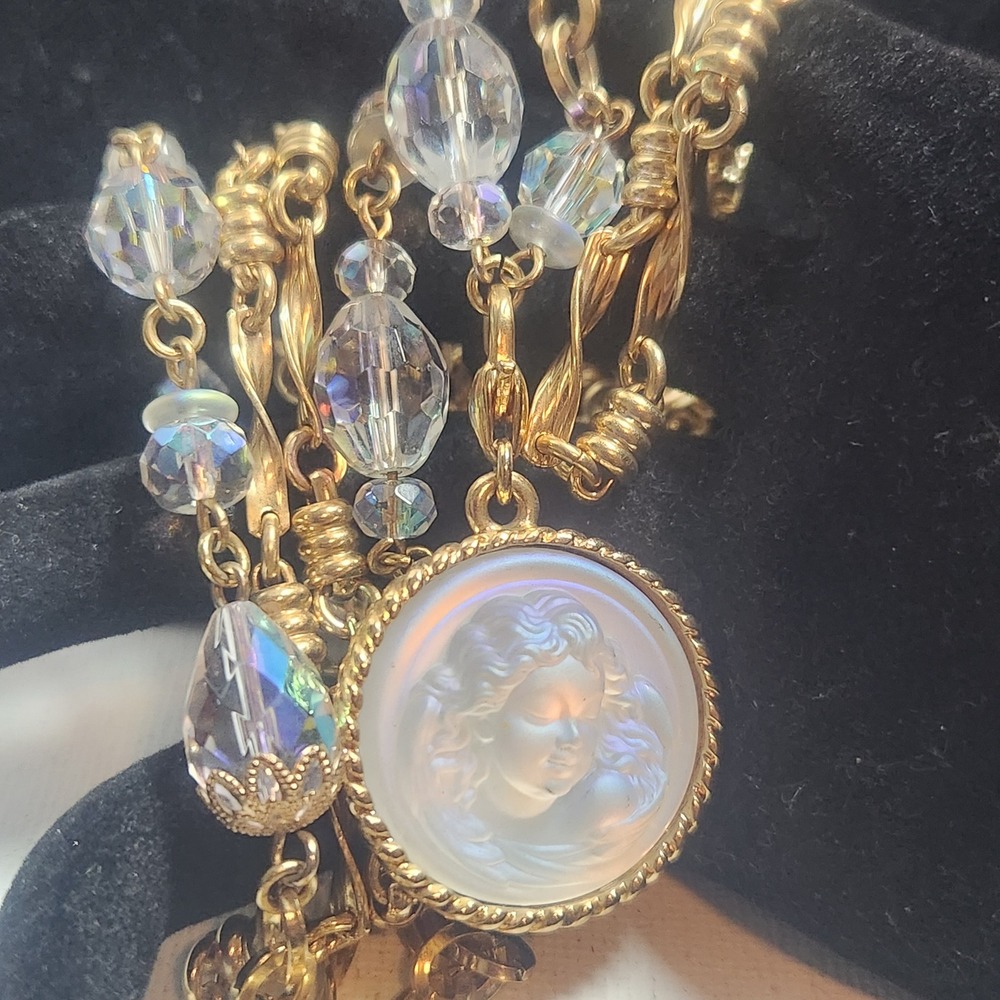 Kirk Folly Gold Tone Long Necklace Iridescent‎ Cameo 
Pendant  "love never die"